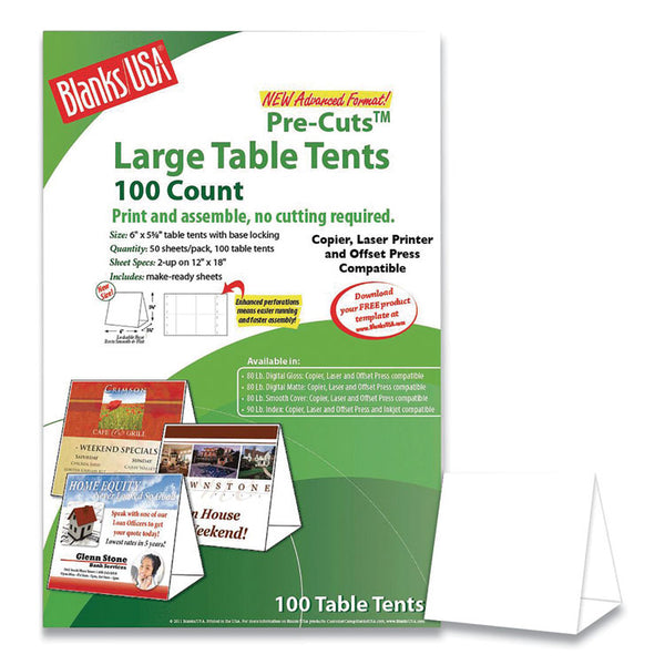 Blanks/USA® Table Tent, 80 lb Cover Weight, 12 x 18, White, 2 Tents/Sheet, 50 Sheets/Pack (BLA01FLWH)