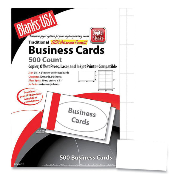 Blanks/USA® Printable Microperforated Business Cards, Copier/Inkjet/Laser/Offset, 2 x 3.5, White, 2,500 Cards, 10/Sheet, 250 Sheets/Pack (BLA25S8WH)