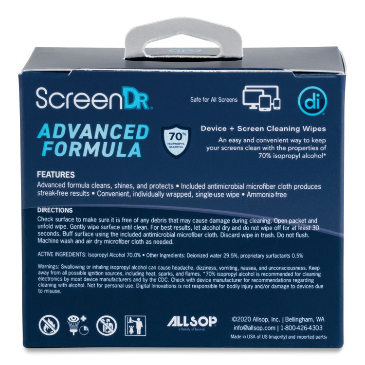 Digital Innovations ScreenDr Device and Screen Cleaning Wipes, Includes 60 Individually Wrapped Wipes and 8" Microfiber Cloth, 6 x 5, White (DGV32347)