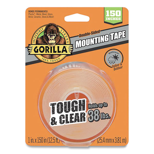 Gorilla® Tough & Clear Double-Sided Mounting Tape, Permanent, Holds Up to 0.25 lb per Inch, 1" x 12.5 ft, Clear (GOR6036002)