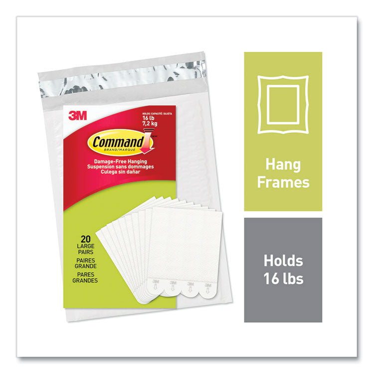 Command™ Picture Hanging Strips, Removable, Holds Up to 4 lbs per Pair, Large, 0.63 x 3.63, White, 20 Pairs/Pack (MMM1720620)