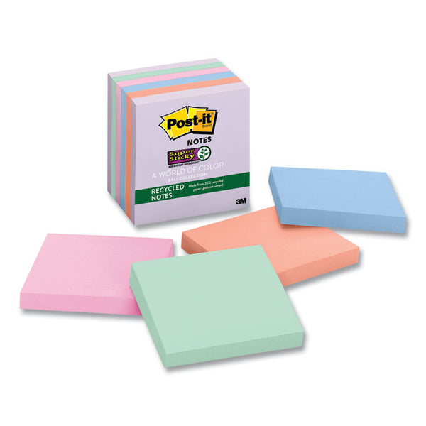 Post-it® Notes Super Sticky Recycled Notes in Wanderlust Pastels Collection Colors, 3" x 3", 65 Sheets/Pad, 6 Pads/Pack (MMM70005132637) Pack of 6