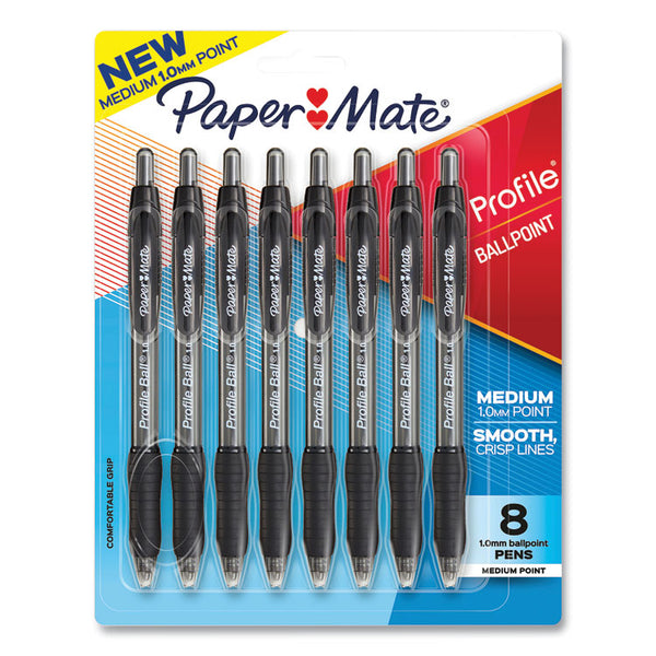 Paper Mate® Profile Ballpoint Pen, Retractable, Medium 1 mm, Black Ink, Translucent Black Barrel, 8/Pack (PAP2095460)