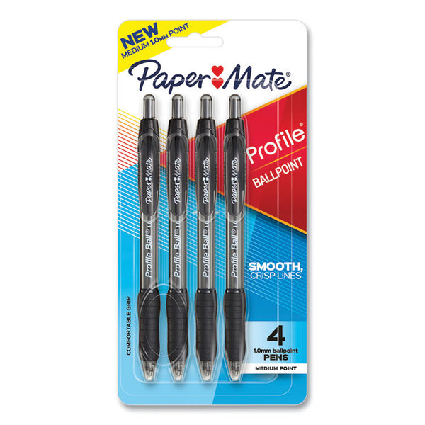 Paper Mate® Profile Ballpoint Pen, Retractable, Medium 1 mm, Black Ink, Translucent Black Barrel, 4/Pack (PAP2113558)