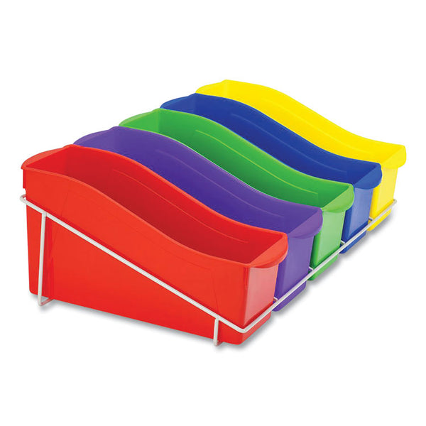 Storex Book Bins with Metal Shelf Rack, 14.3 x 25.69 x 7.25, 5 Assorted Color Bins, White Epoxy Metal Rack (STX71125U01C) Each