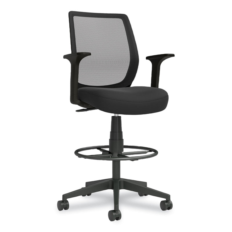 Union & Scale™ Essentials Mesh Back Fabric Drafting Stool with Arms, Supports Up to 275 lb, Black Seat/Back, Black Base (UOS59384) Each