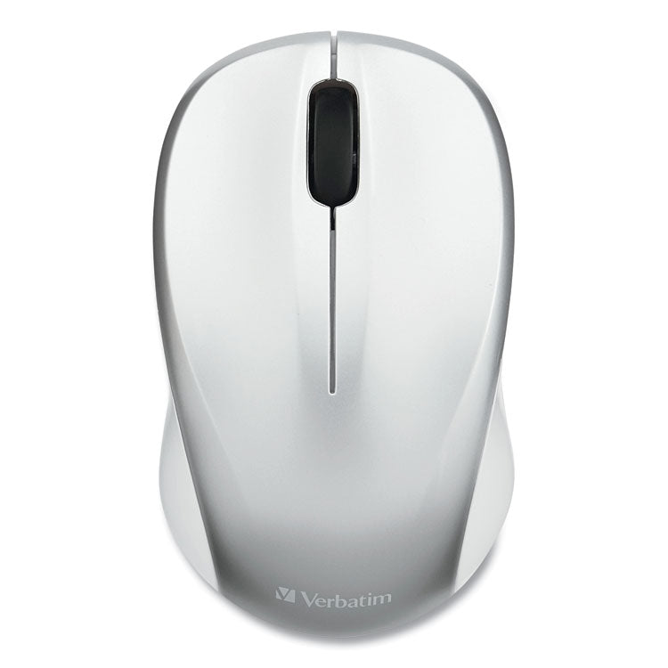 Verbatim® Silent Wireless Blue LED Mouse, 2.4 GHz Frequency/32.8 ft Wireless Range, Left/Right Hand Use, Silver (VER99777)