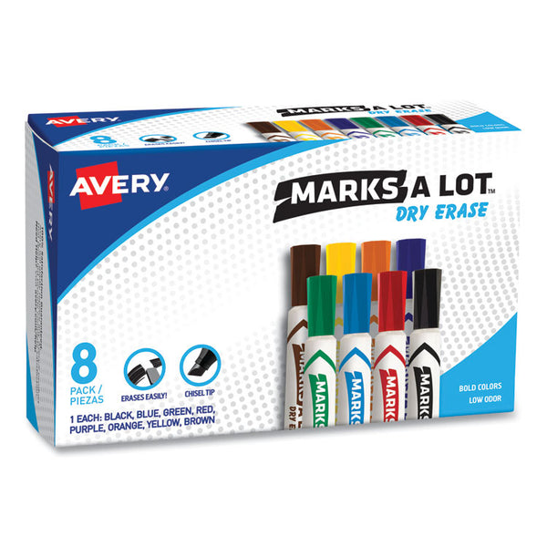 Avery® MARKS A LOT Desk-Style Dry Erase Marker, Broad Chisel Tip, Assorted Colors, 8/Set (24411) (AVE24411)