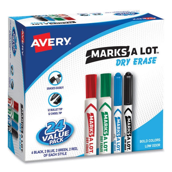 Avery® MARKS A LOT Desk/Pen-Style Dry Erase Marker Value Pack, Assorted Broad Bullet/Chisel Tips, Assorted Colors, 24/Pack (29870) (AVE29870)