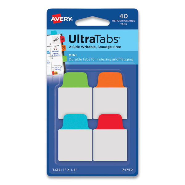 Avery® Ultra Tabs Repositionable Tabs, Mini Tabs: 1" x 1.5", 1/5-Cut, Assorted Colors, 40/Pack (AVE74760)