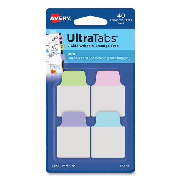 Avery® Ultra Tabs Repositionable Tabs, Mini Tabs: 1" x 1.5", 1/5-Cut, Assorted Pastel Colors, 40/Pack (AVE74761)