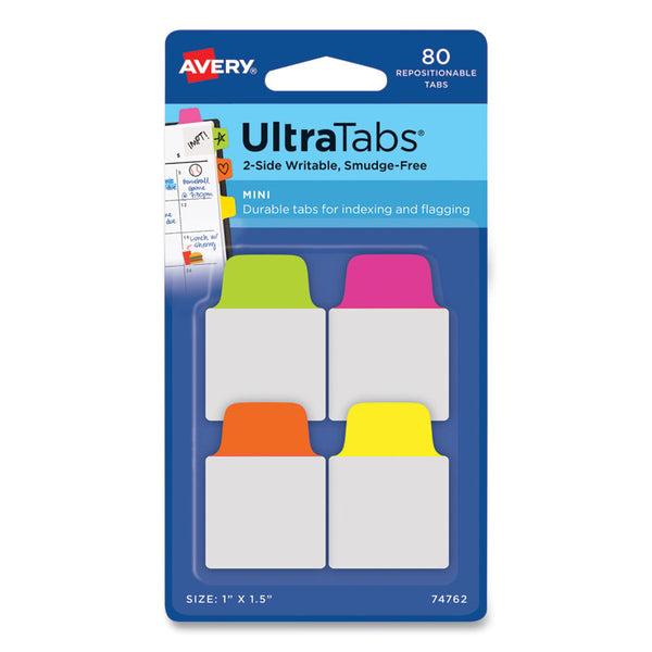 Avery® Ultra Tabs Repositionable Tabs, Mini Tabs: 1" x 1.5", 1/5-Cut, Assorted Neon Colors, 80/Pack (AVE74762)