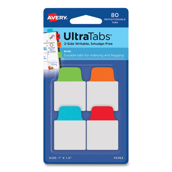 Avery® Ultra Tabs Repositionable Tabs, Mini Tabs: 1" x 1.5", 1/5-Cut, Assorted Colors, 80/Pack (AVE74763)