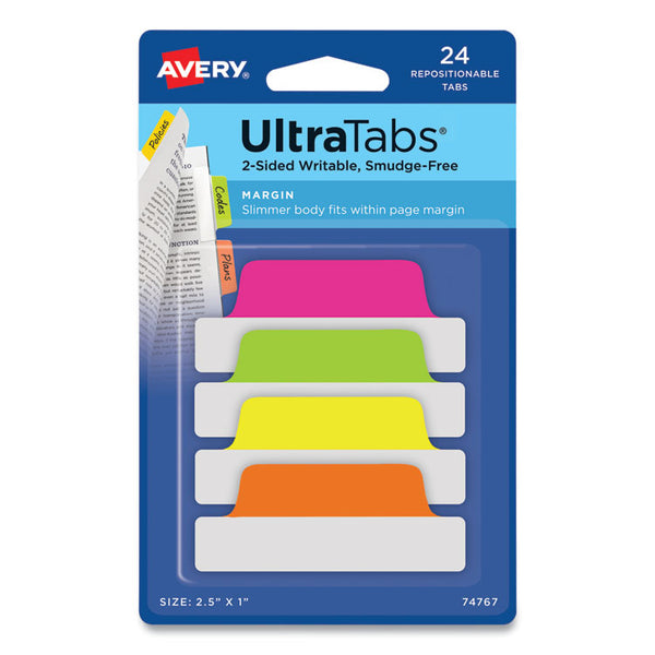 Avery® Ultra Tabs Repositionable Tabs, Margin Tabs: 2.5" x 1", 1/5-Cut, Assorted Neon Colors, 24/Pack (AVE74767)