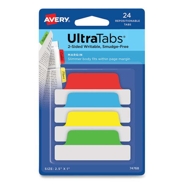 Avery® Ultra Tabs Repositionable Tabs, Margin Tabs: 2.5" x 1", 1/5-Cut, Assorted Colors, 24/Pack (AVE74768)