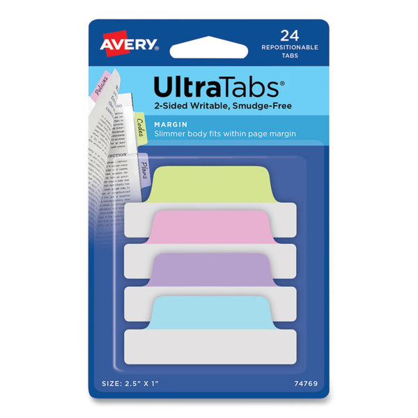 Avery® Ultra Tabs Repositionable Tabs, Margin Tabs: 2.5" x 1", 1/5-Cut, Assorted Pastel Colors, 24/Pack (AVE74769)