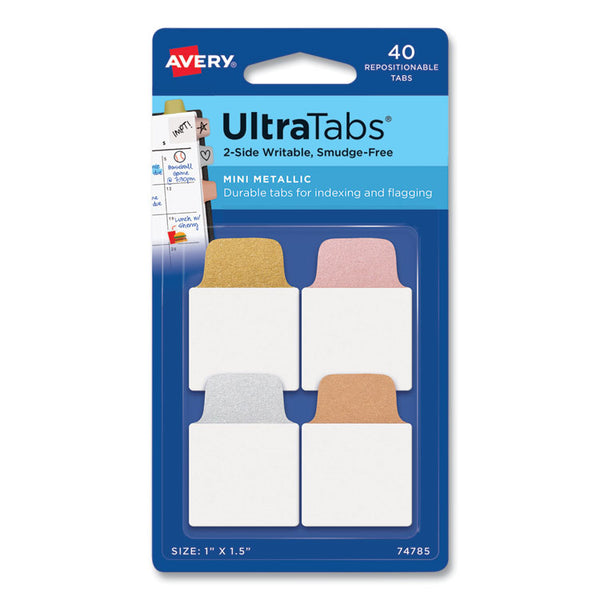 Avery&reg; Ultra Tabs Repositionable Mini Tabs, 1/5-Cut Tabs, Assorted Metallic, 1" Wide, 40/Pack (AVE74785)