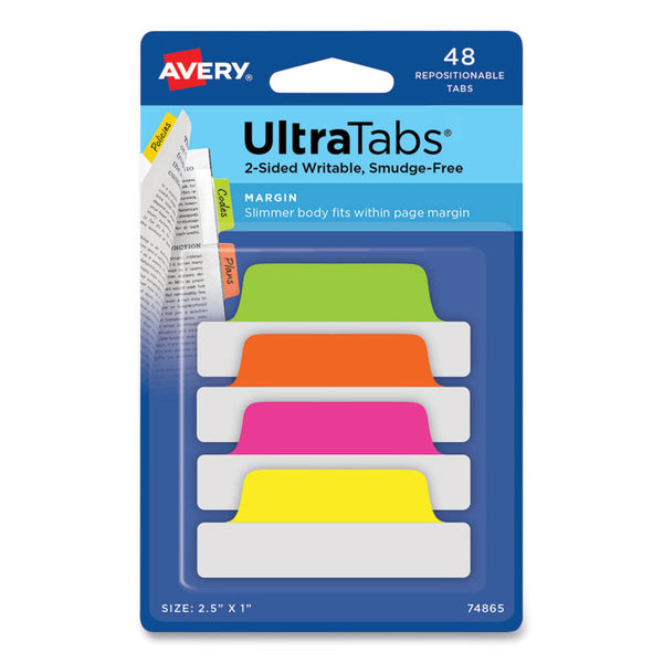 Avery® Ultra Tabs Repositionable Tabs, Margin Tabs: 2.5" x 1", 1/5-Cut, Assorted Neon Colors, 48/Pack (AVE74865)