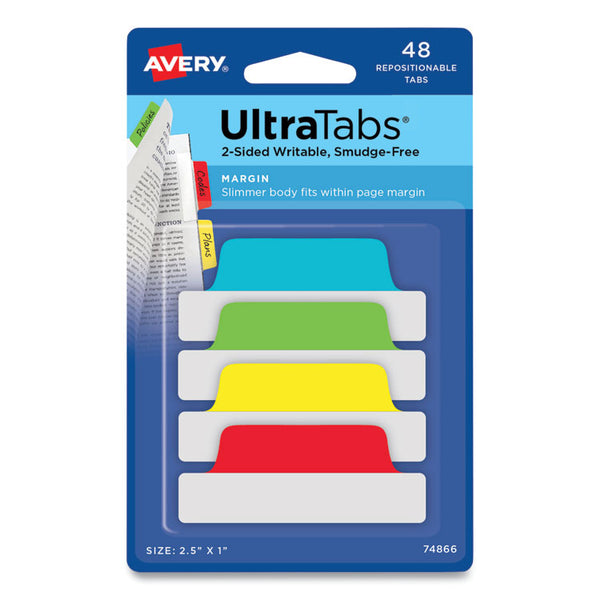 Avery® Ultra Tabs Repositionable Tabs, Margin Tabs: 2.5" x 1", 1/5-Cut, Assorted Colors, 48/Pack (AVE74866)