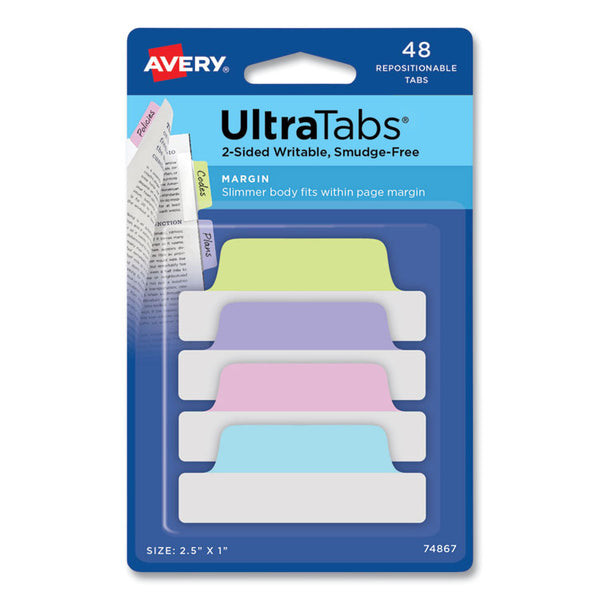 Avery® Ultra Tabs Repositionable Tabs, Margin Tabs: 2.5" x 1", 1/5-Cut, Assorted Pastel Colors, 48/Pack (AVE74867)