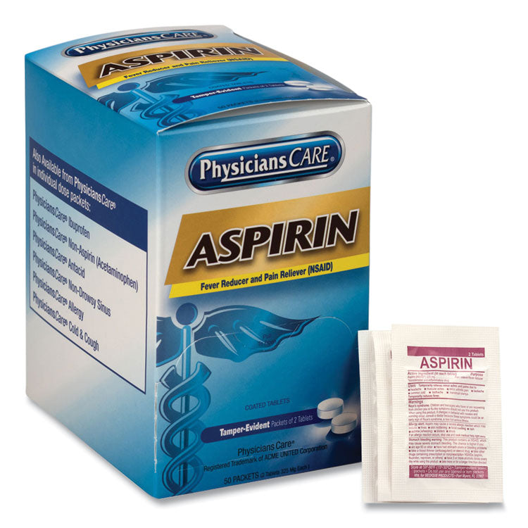 PhysiciansCare® Aspirin Medication, Two-Pack, 50 Packs/Box (ACM90014) 50 Packs of 2