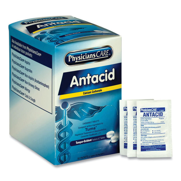 PhysiciansCare® Antacid Calcium Carbonate Medication, Two-Pack, 50 Packs/Box (ACM90089) Box of 50 Packs