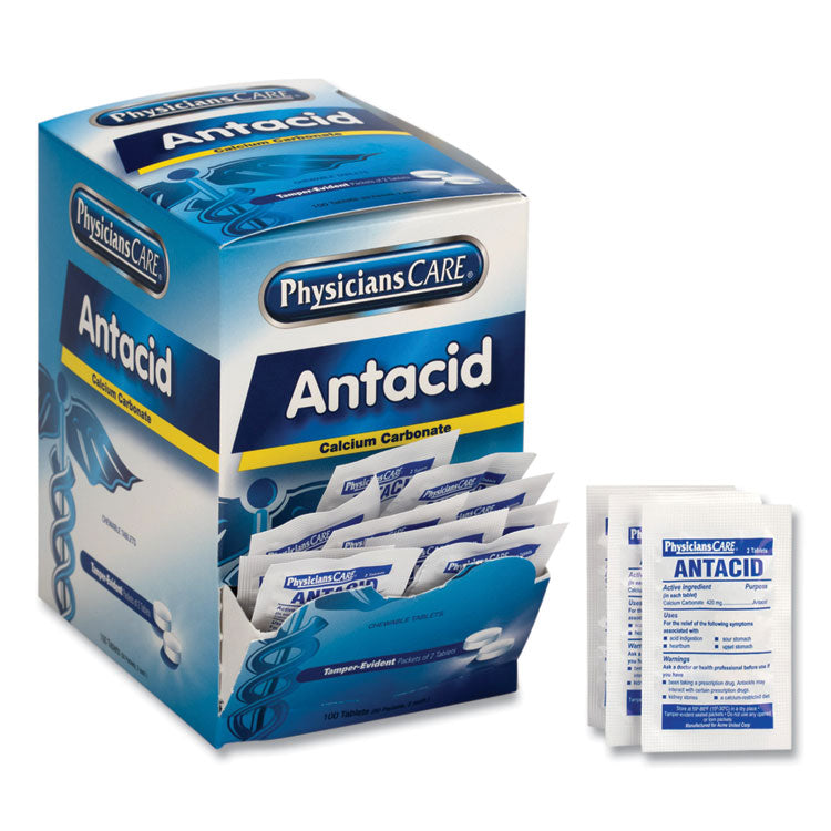 PhysiciansCare® Antacid Calcium Carbonate Medication, Two-Pack, 50 Packs/Box (ACM90089) Box of 50 Packs