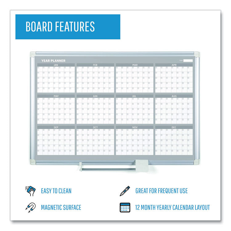 MasterVision® Magnetic Dry Erase Calendar Board, 12-Month, 36 x 24, White Surface, Silver Aluminum Frame (BVCGA03106830) Each