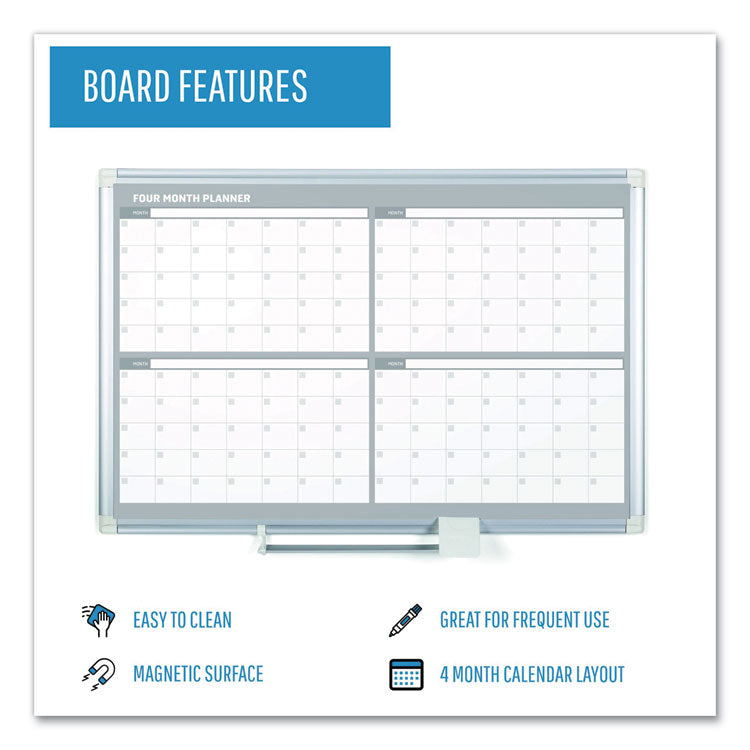 MasterVision® Magnetic Dry Erase Calendar Board, Four Month, 48 x 36, White Surface, Silver Aluminum Frame (BVCGA05105830) Each