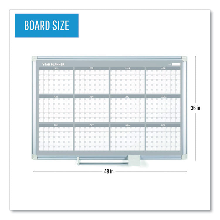 MasterVision® Magnetic Dry Erase Calendar Board, 12-Month, 48 x 36, White Surface, Silver Aluminum Frame (BVCGA05106830) Each