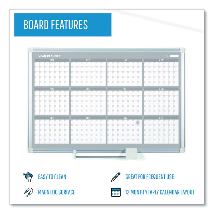 MasterVision® Magnetic Dry Erase Calendar Board, 12-Month, 48 x 36, White Surface, Silver Aluminum Frame (BVCGA05106830) Each