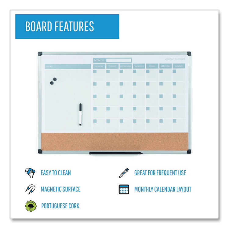 MasterVision® 3-in-1 Planner Board, 24 x 18, Tan/White/Blue Surface, Silver Aluminum Frame (BVCMB3507186) Each