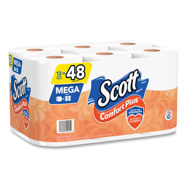 Scott® ComfortPlus Toilet Paper, Mega Roll, Septic Safe, 1-Ply, White, 425 Sheets/Roll, 12 Rolls/Pack (KCM54245) Case of 24