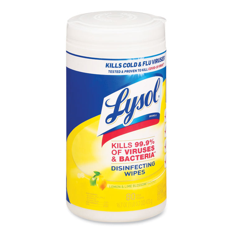 LYSOL® Brand Disinfecting Wipes, 1-Ply, 7 x 7.25, Lemon and Lime Blossom, White, 80 Wipes/Canister, 6 Canisters/Carton (RAC77182CT)