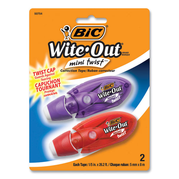 BIC® Wite-Out Mini Twist Correction Tape, Non-Refillable, Blue/Fuchsia Applicators 0.2" x 314", 2/Pack (BICWOMTP21)