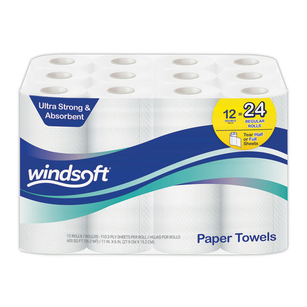 Windsoft® Premium Kitchen Roll Towels, 2-Ply, 11 x 6, White, 110/Roll, 12 Rolls/Carton (WIN12216)