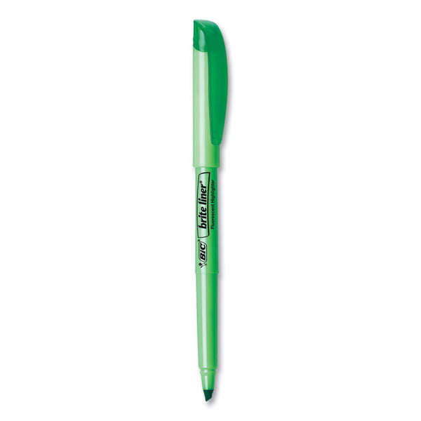BIC® Brite Liner Highlighter, Fluorescent Green Ink, Chisel Tip, Green/Black Barrel, Dozen (BICBL11GN)