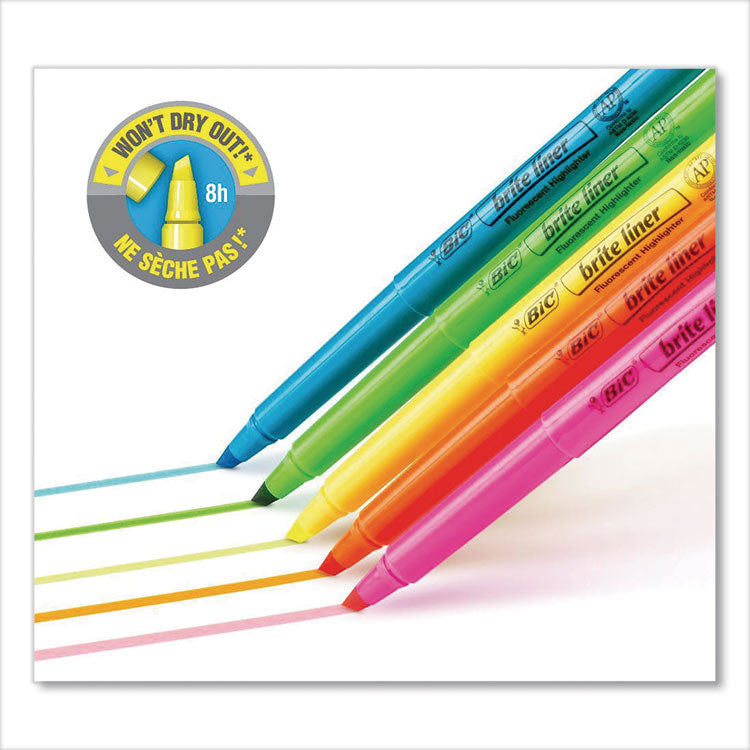 BIC® Brite Liner Highlighter, Fluorescent Blue Ink, Chisel Tip, Blue/Black Barrel, Dozen (BICBL11BE)