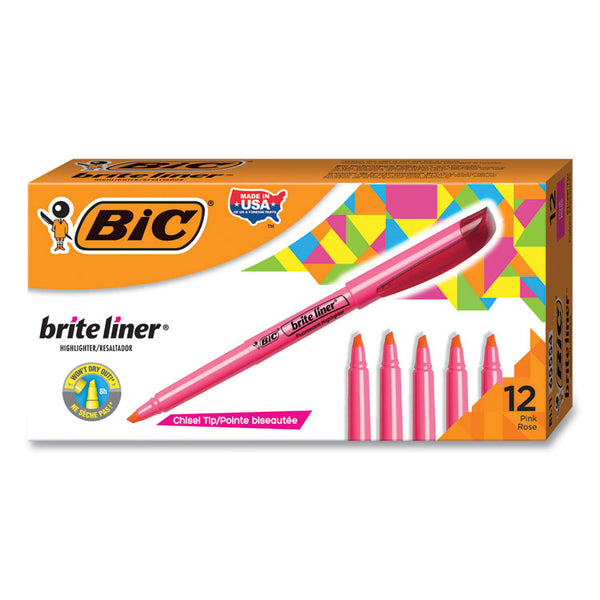 BIC® Brite Liner Highlighter, Fluorescent Pink Ink, Chisel Tip, Pink/Black Barrel, Dozen (BICBL11PK)