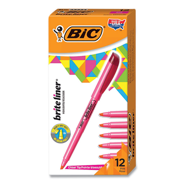 BIC® Brite Liner Highlighter, Fluorescent Pink Ink, Chisel Tip, Pink/Black Barrel, Dozen (BICBL11PK)