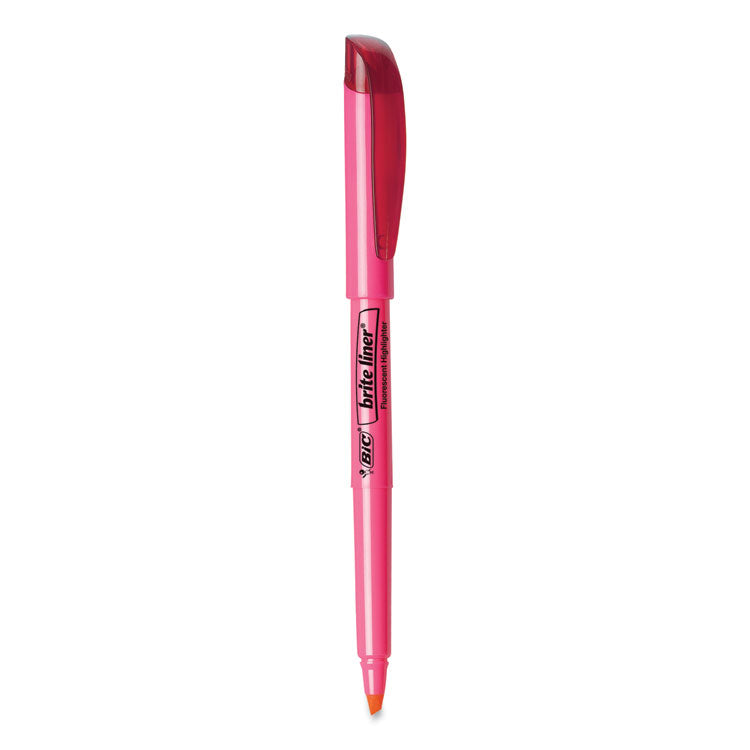 BIC® Brite Liner Highlighter, Fluorescent Pink Ink, Chisel Tip, Pink/Black Barrel, Dozen (BICBL11PK)