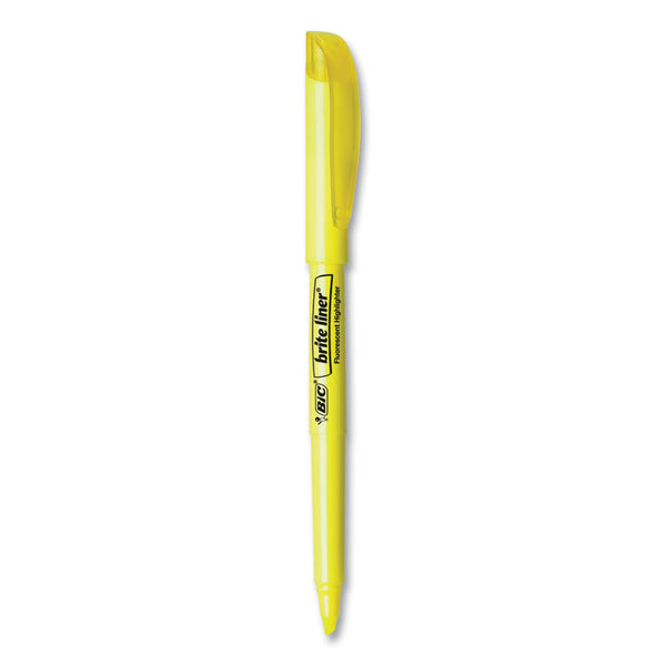 BIC® Brite Liner Highlighter, Fluorescent Yellow Ink, Chisel Tip, Yellow/Black Barrel, Dozen (BICBL11YW)