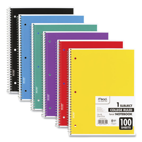 Mead® Spiral Notebook, 3-Hole Punched, 1-Subject, Medium/College Rule, Randomly Assorted Cover Color, (100) 11 x 8 Sheets (MEA06622)