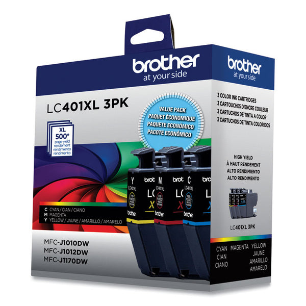 Brother LC401XL3PKS High-Yield Ink, 500 Page-Yield, Cyan/Magenta/Yellow, 3/Pack (BRTLC401XL3PKS)