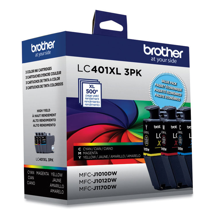 Brother LC401XL3PKS High-Yield Ink, 500 Page-Yield, Cyan/Magenta/Yellow, 3/Pack (BRTLC401XL3PKS)