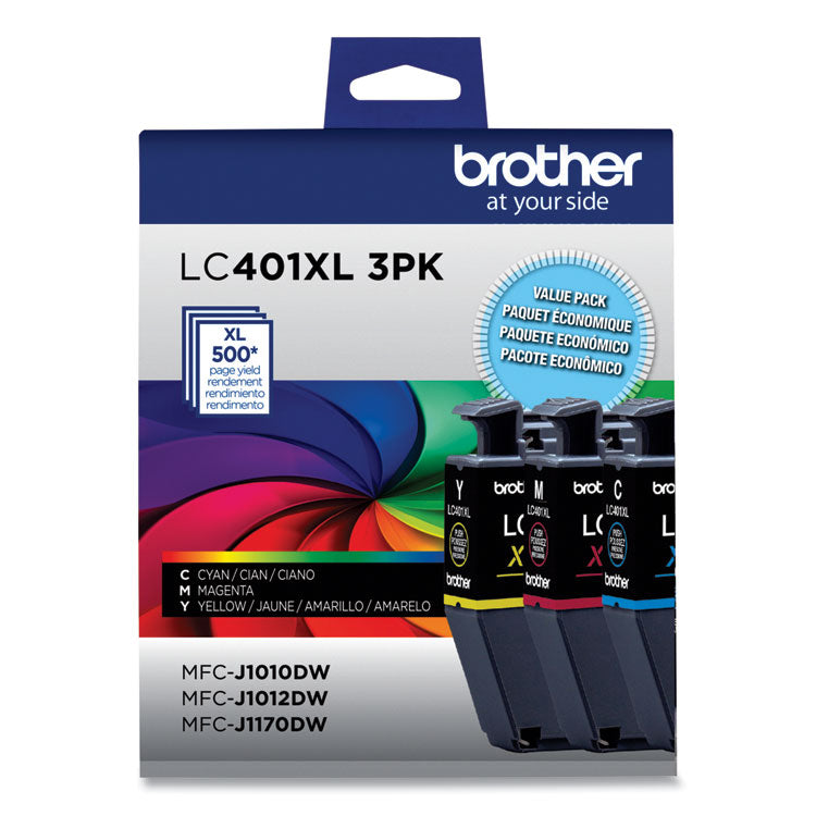 Brother LC401XL3PKS High-Yield Ink, 500 Page-Yield, Cyan/Magenta/Yellow, 3/Pack (BRTLC401XL3PKS)