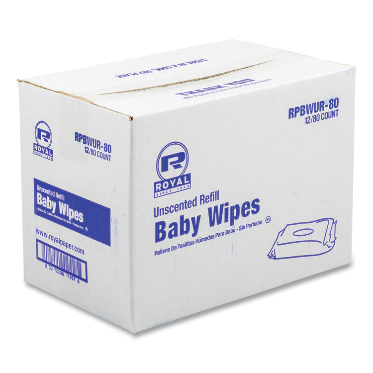 AmerCareRoyal® Baby Wipes Refill Pack, 8 x 7, Unscented, White, 80/Pack, 12 Packs/Carton (RPPRPBWUR80) Case of 960