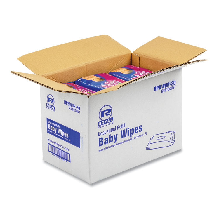 AmerCareRoyal® Baby Wipes Refill Pack, 8 x 7, Unscented, White, 80/Pack, 12 Packs/Carton (RPPRPBWUR80) Case of 960