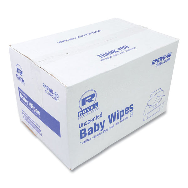 AmerCareRoyal® Baby Wipes Tub, Unscented, White, 80/Tub, 12 Tubs/Carton (RPPRPBWU80)