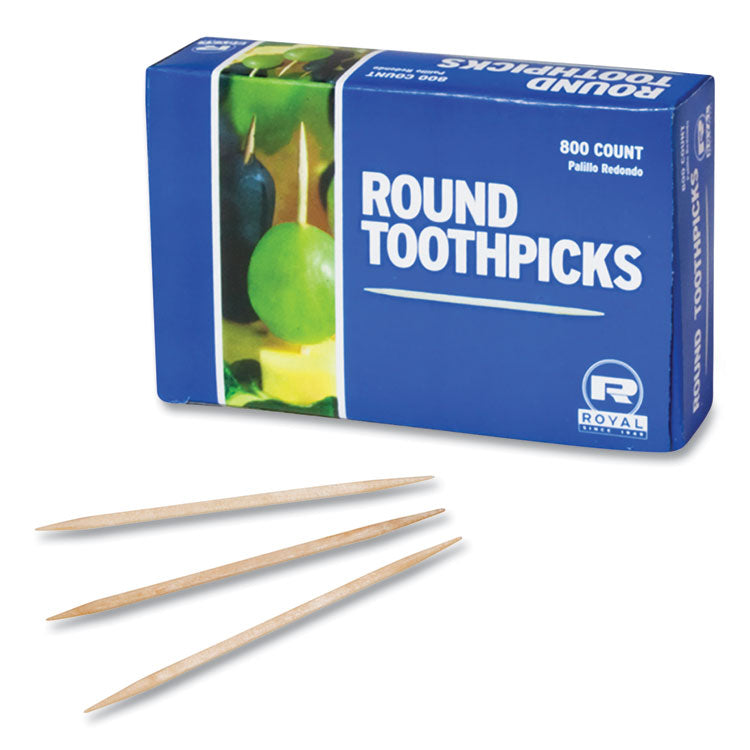 AmerCareRoyal® Round Wood Toothpicks, 2.5", Natural, 800/Box, 24 Boxes/Case, 5 Cases/Carton, 96,000 Toothpicks/Carton (RPPR820)